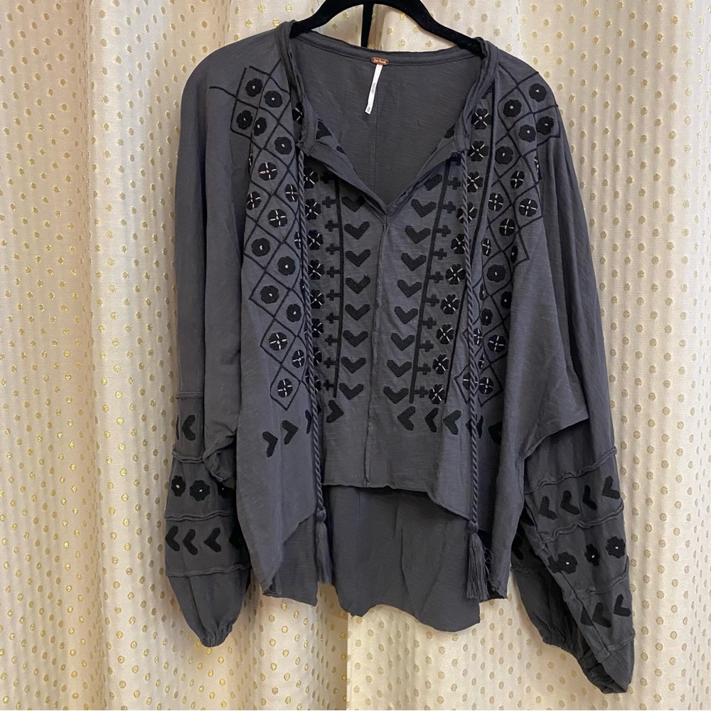 Free People Gray Embroidered Top